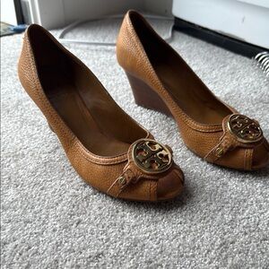 Tory Burch Brown Wedge Shoes with Medallion Detail